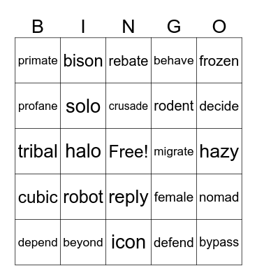 Open Syllable Bingo Card
