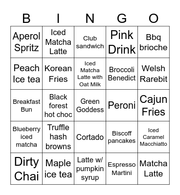 Cafe Bingo Card