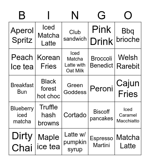 Cafe Bingo Card