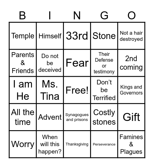 Luke 21:5-19 Bingo Card