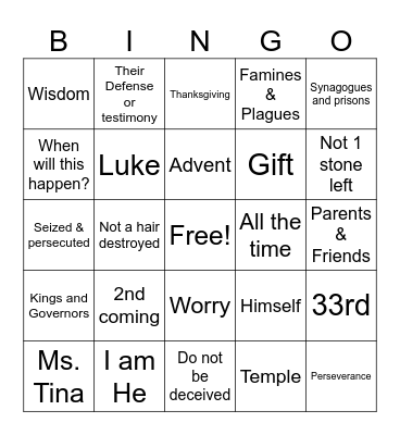 Luke 21:5-19 Bingo Card