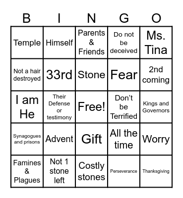 Luke 21:5-19 Bingo Card