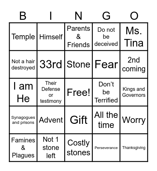 Luke 21:5-19 Bingo Card