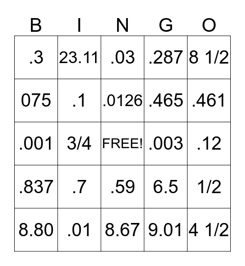 decimal bingo!!! Bingo Card
