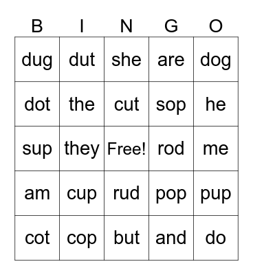 mixed sight words and shot o/u cvc Bingo Card