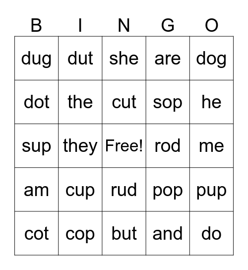 mixed sight words and shot o/u cvc Bingo Card