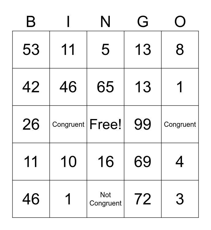 Modular Arithmetic Bingo Card