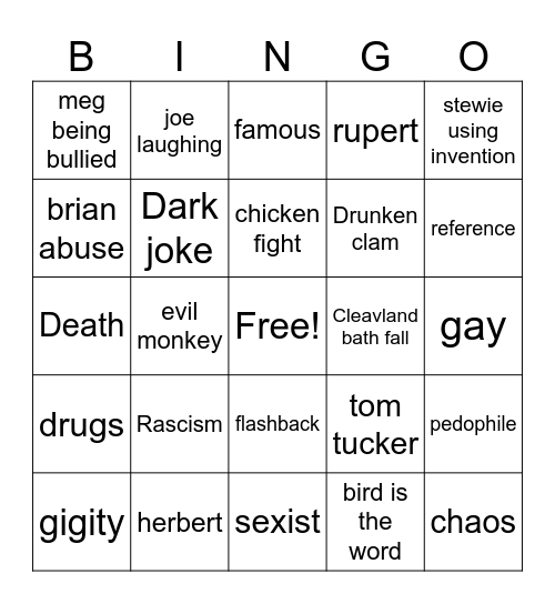 family guy Bingo Card