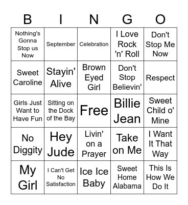Music Bingo 60s-90s Bingo Card