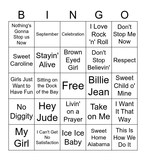 Music Bingo 60s-90s Bingo Card