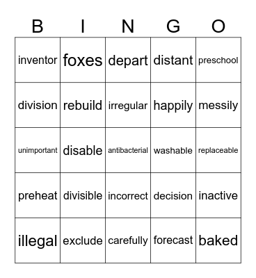 Prefix & Suffix Review Bingo Card
