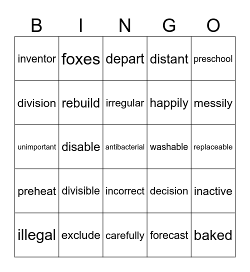 Prefix & Suffix Review Bingo Card