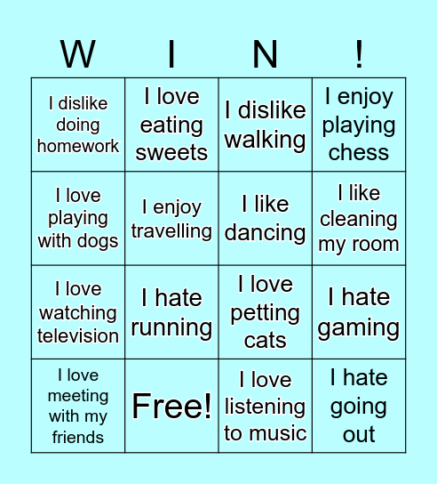 Likes and dislikes Bingo Card