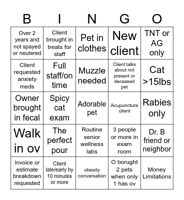 Veterinary Bingo Card