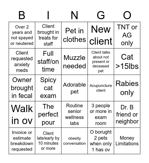Veterinary Bingo Card
