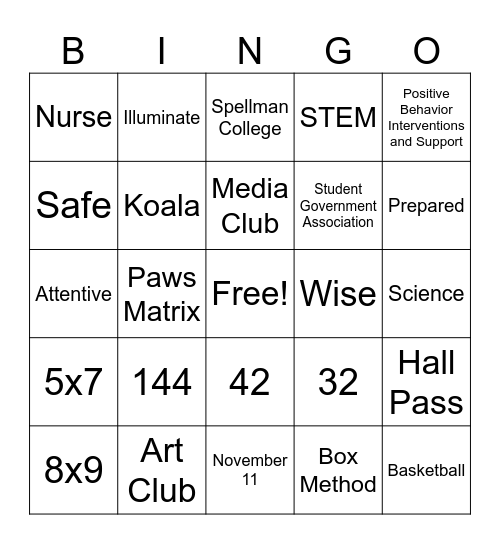 Kemp PBIS Bingo Card