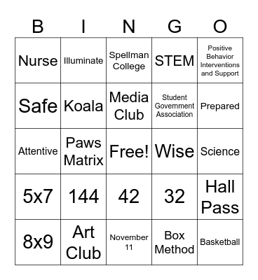Kemp PBIS Bingo Card