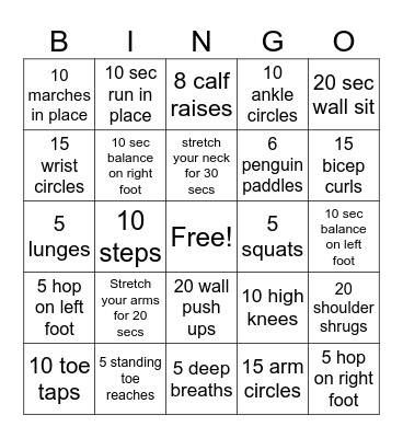Fitness Bingo Card
