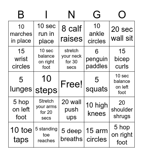 Fitness Bingo Card