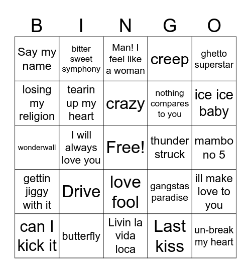 90s hits Bingo Card