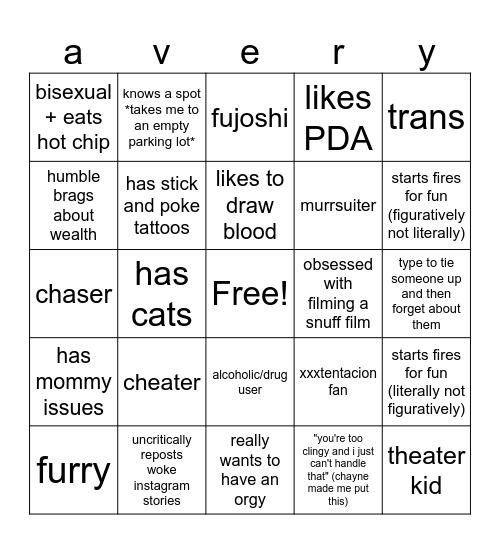 avery's exes bingo Card