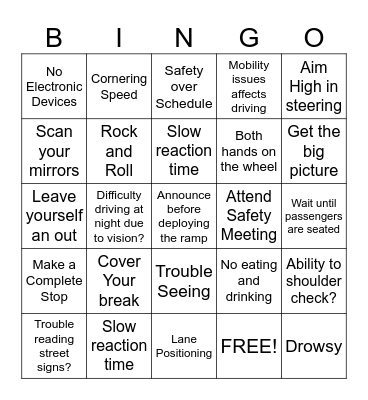 Safe Driving Bingo Card