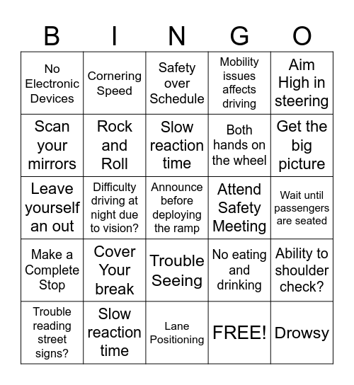 Safe Driving Bingo Card