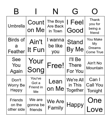 Friendship Songs Bingo Card