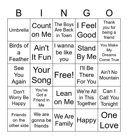 Friendship Songs Bingo Card