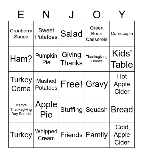 Thanksgiving Bingo Card