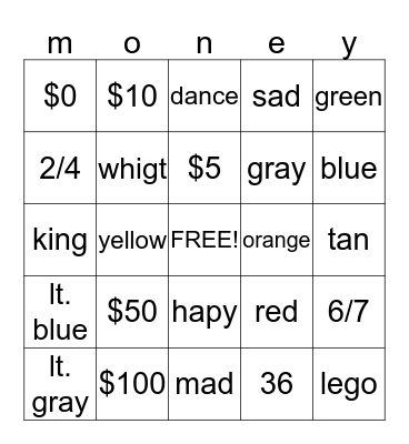 money bingo Card