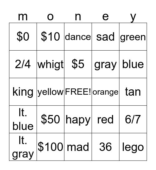 money bingo Card