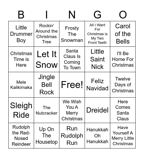 Holiday Song Bingo Card