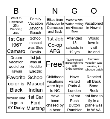 MEMORY LANE Bingo Card