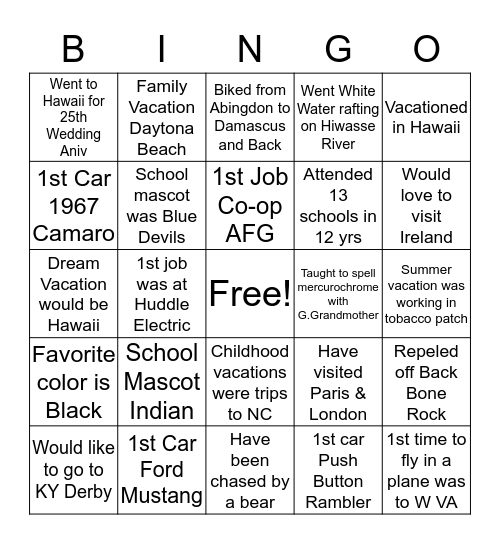 MEMORY LANE Bingo Card