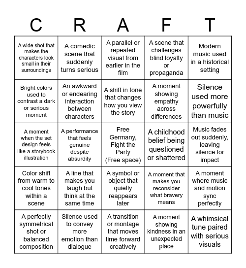 Jojo Rabbit Bingo Card