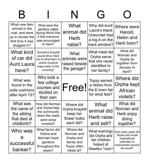 Kraybill 2016 Christmas Bingo Card