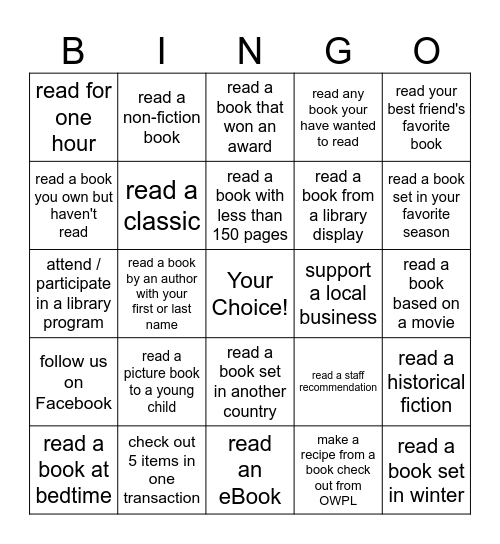 Winter Bingo Challenge Bingo Card