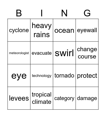 Hurricanes vocab Bingo Card