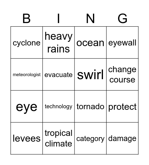 Hurricanes vocab Bingo Card