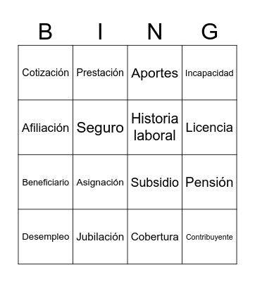 Seguridad social Bingo Card