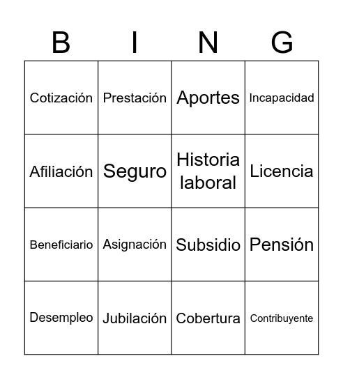 Seguridad social Bingo Card