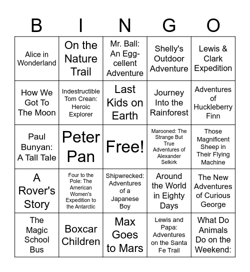 Adventure Books Bingo Card