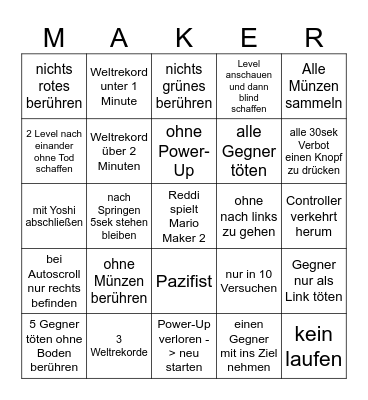 Mario Maker Challenges Bingo Card