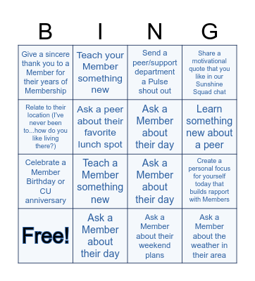 Rapport Building Bingo (Member and Team) Bingo Card