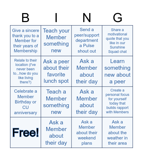 Rapport Building Bingo (Member and Team) Bingo Card