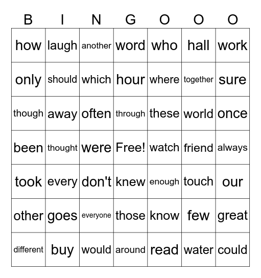 1st and 2nd Red Words Bingo Card