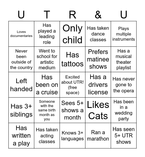 UTR + You BINGO! Bingo Card