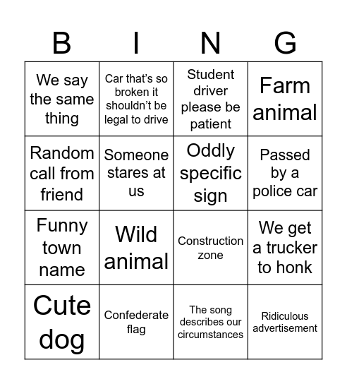 Roadtrip bingo Card