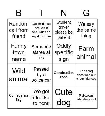 Roadtrip bingo Card